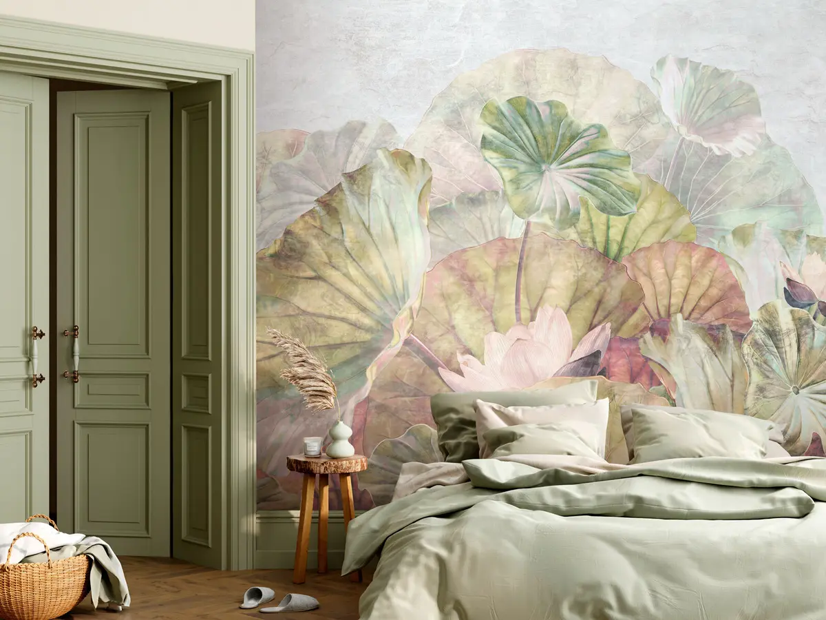 fototapet Nuferi verzi și crini roz cu textură grunge u94272