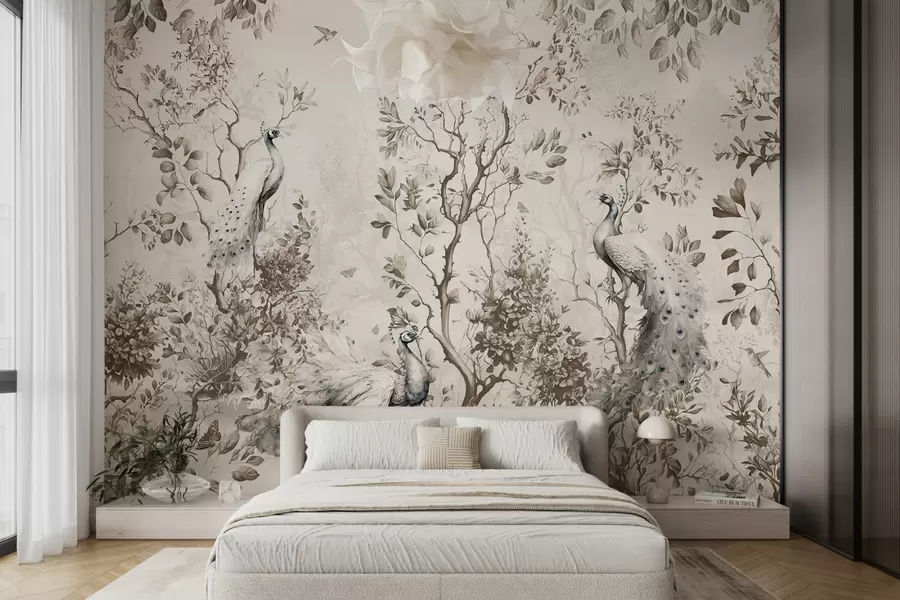 fototapet O grădină cu păsări fragile, păuni u94850