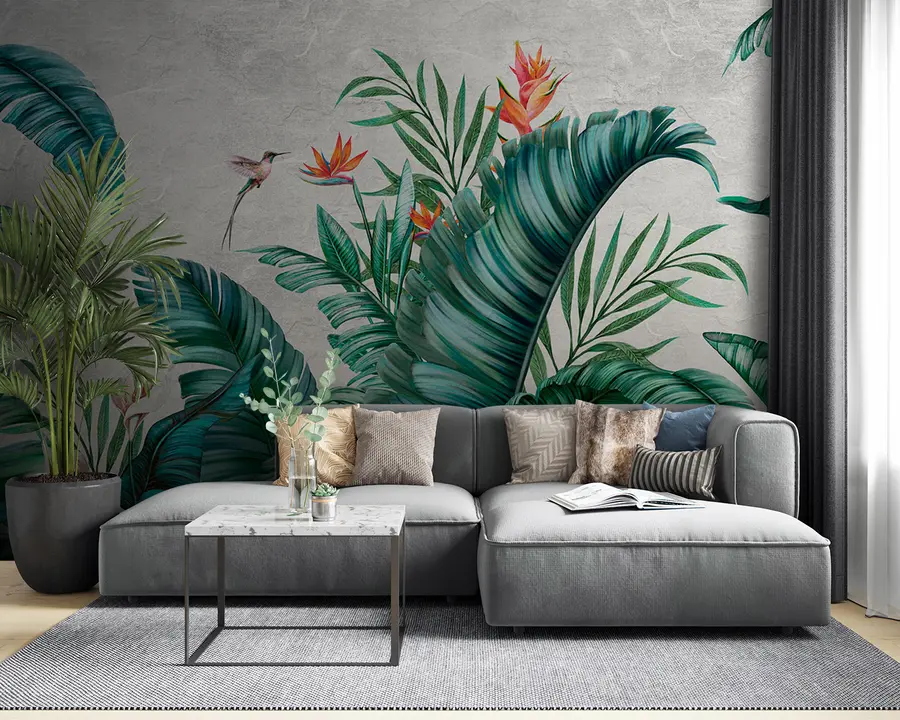 fototapet Plante și păsări exotice, junglă și natură sălbatică u95153