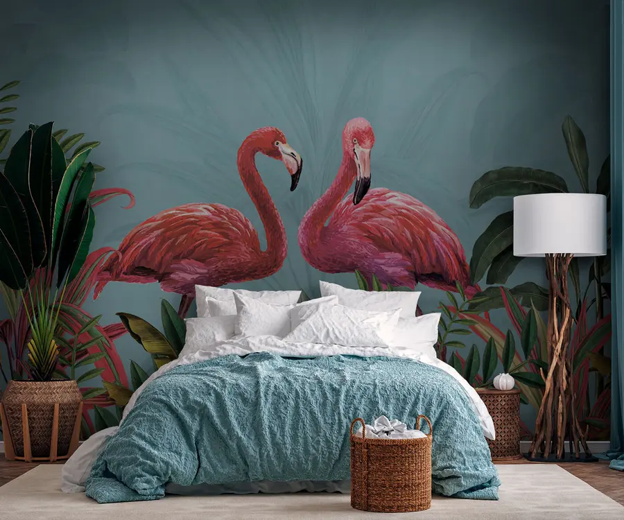 fototapet Două flamingo roz în tufișuri tropicale u95732