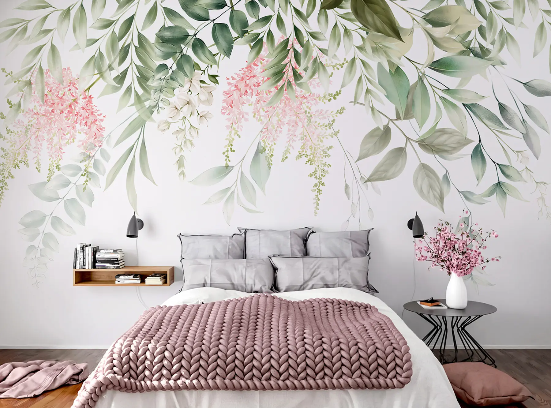 fototapet Frunze cu flori roz u95923