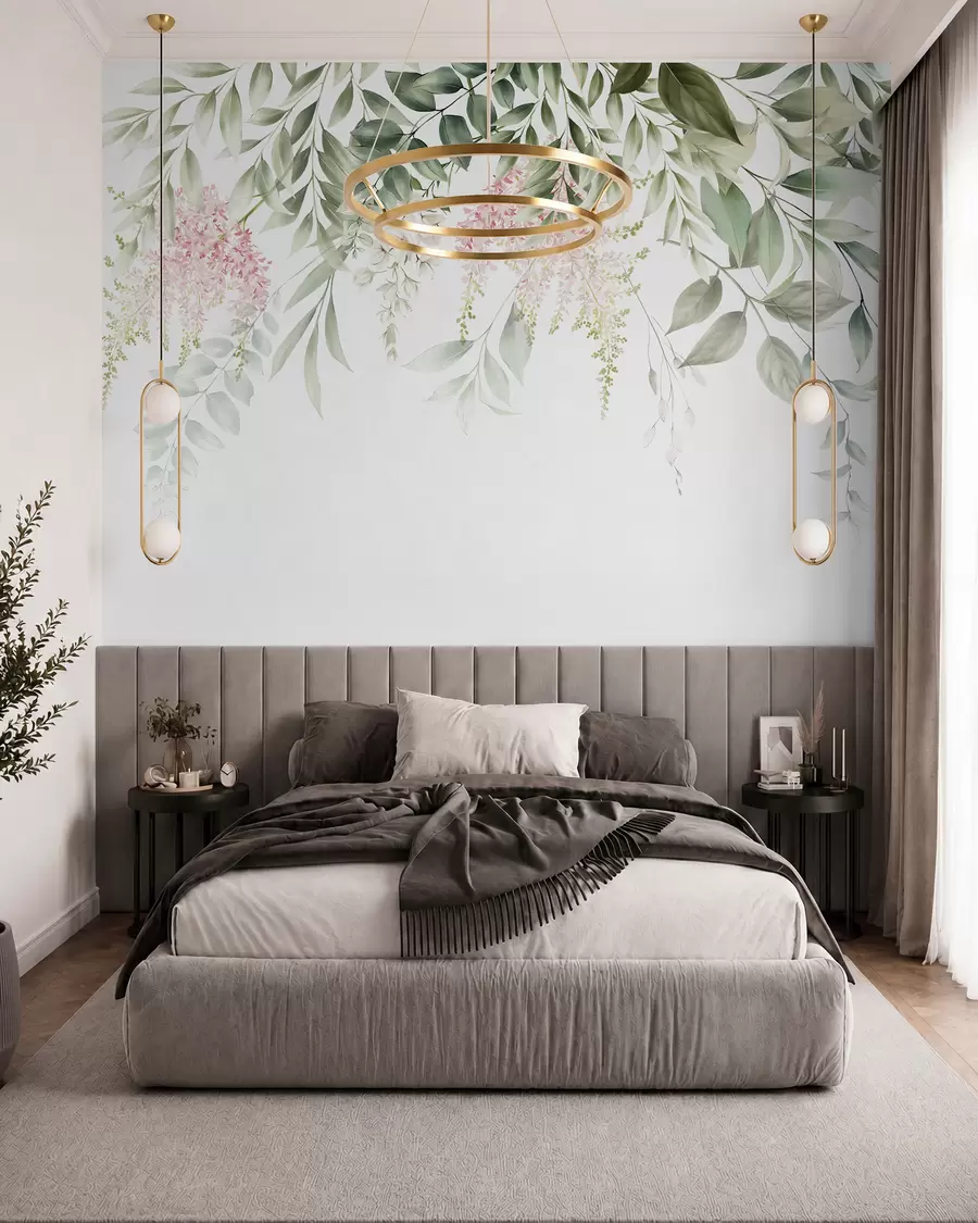 fototapet Frunze cu flori roz u95923
