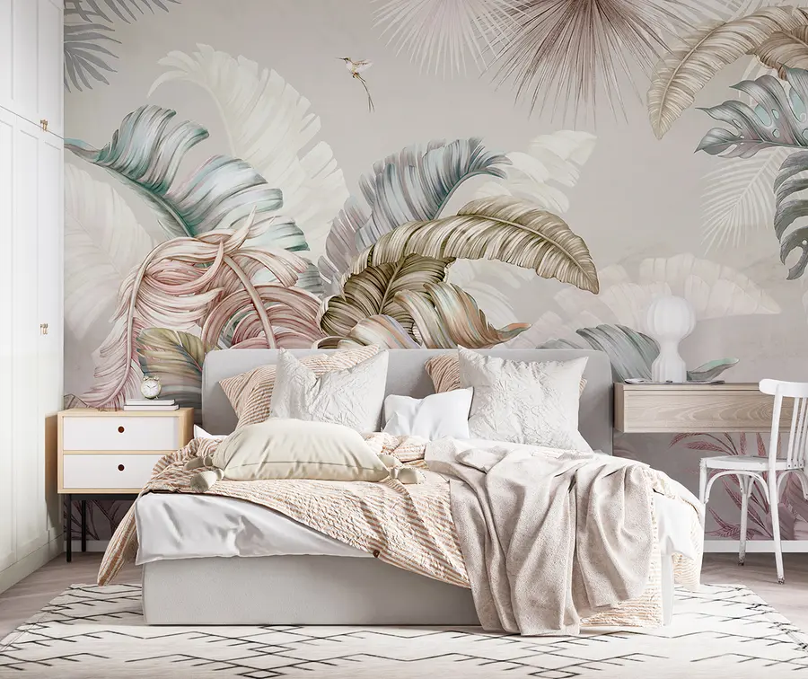 fototapet Ilustrație tropicală cu frunze de banane palmier și păsări u96254