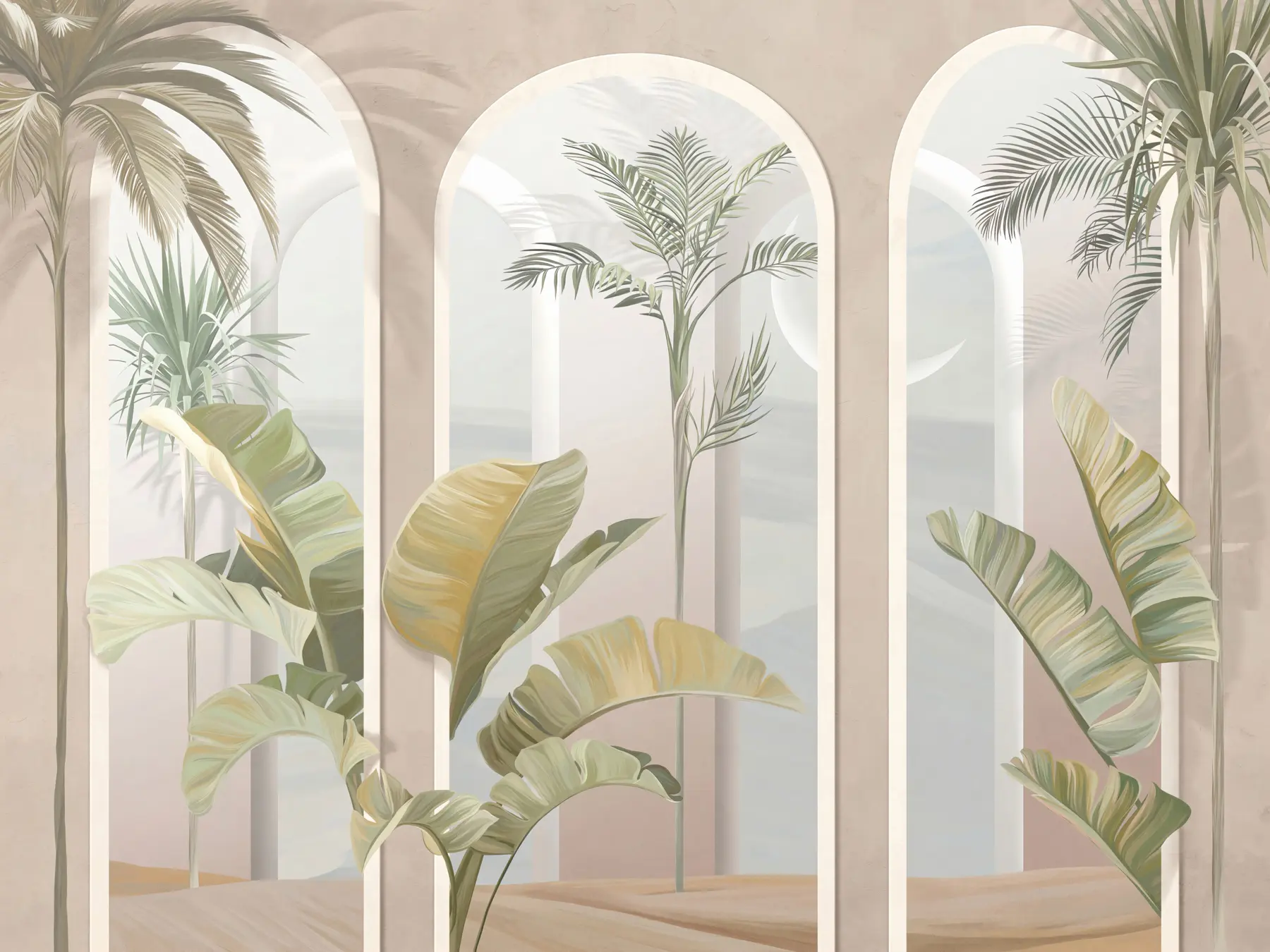 fototapet Tropical 3D frunze cu palme și coloane u96402