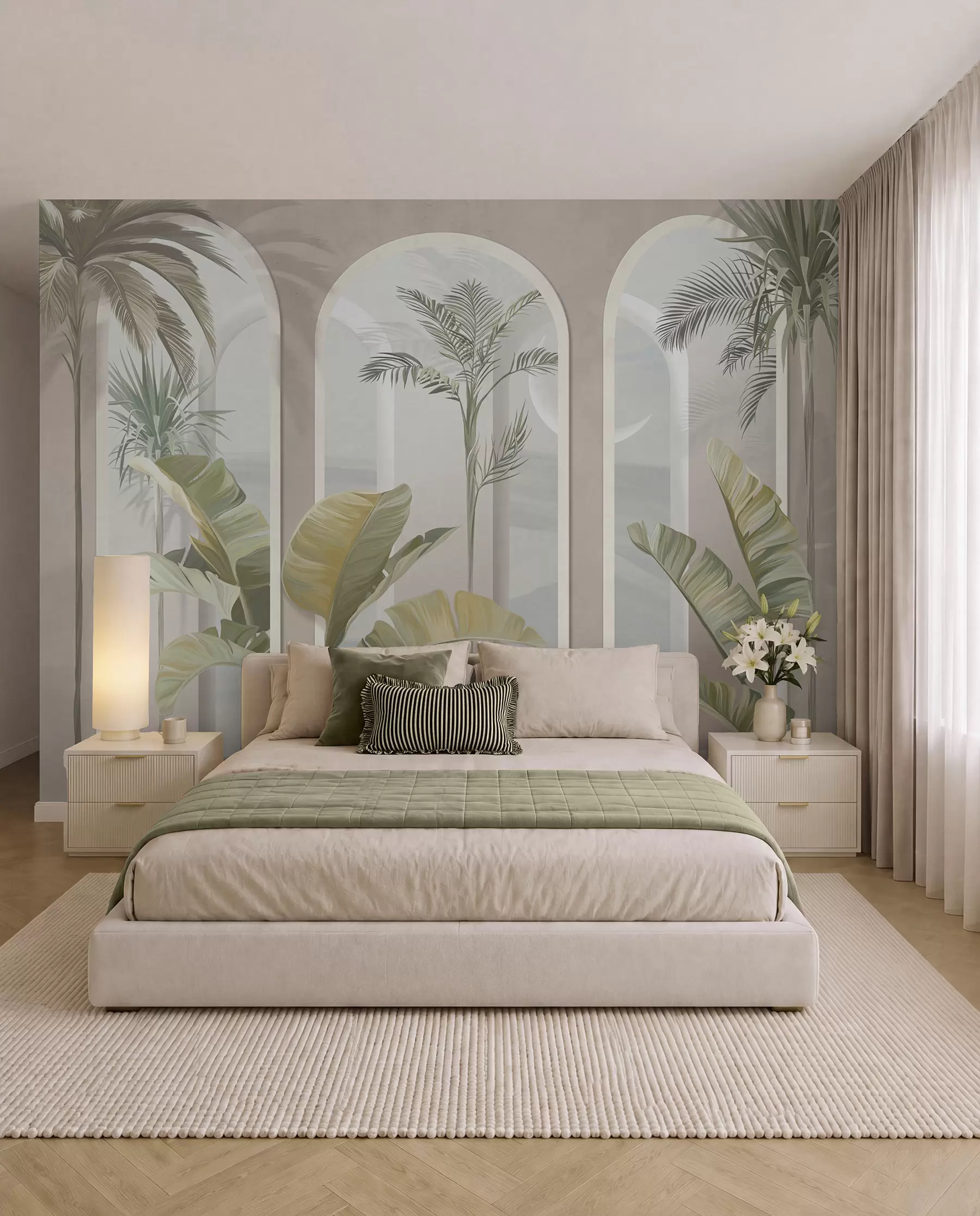fototapet Tropical 3D frunze cu palme și coloane u96402