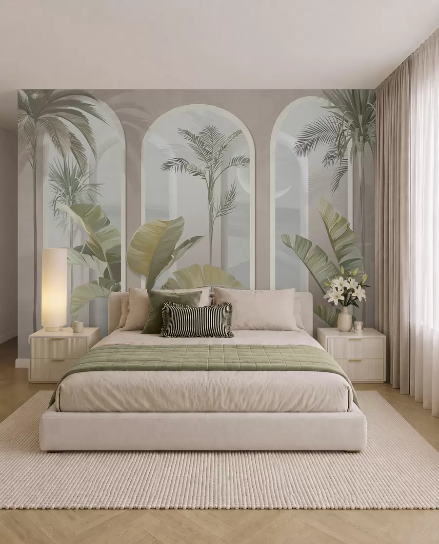 fototapet Tropical 3D frunze cu palme și coloane u96402