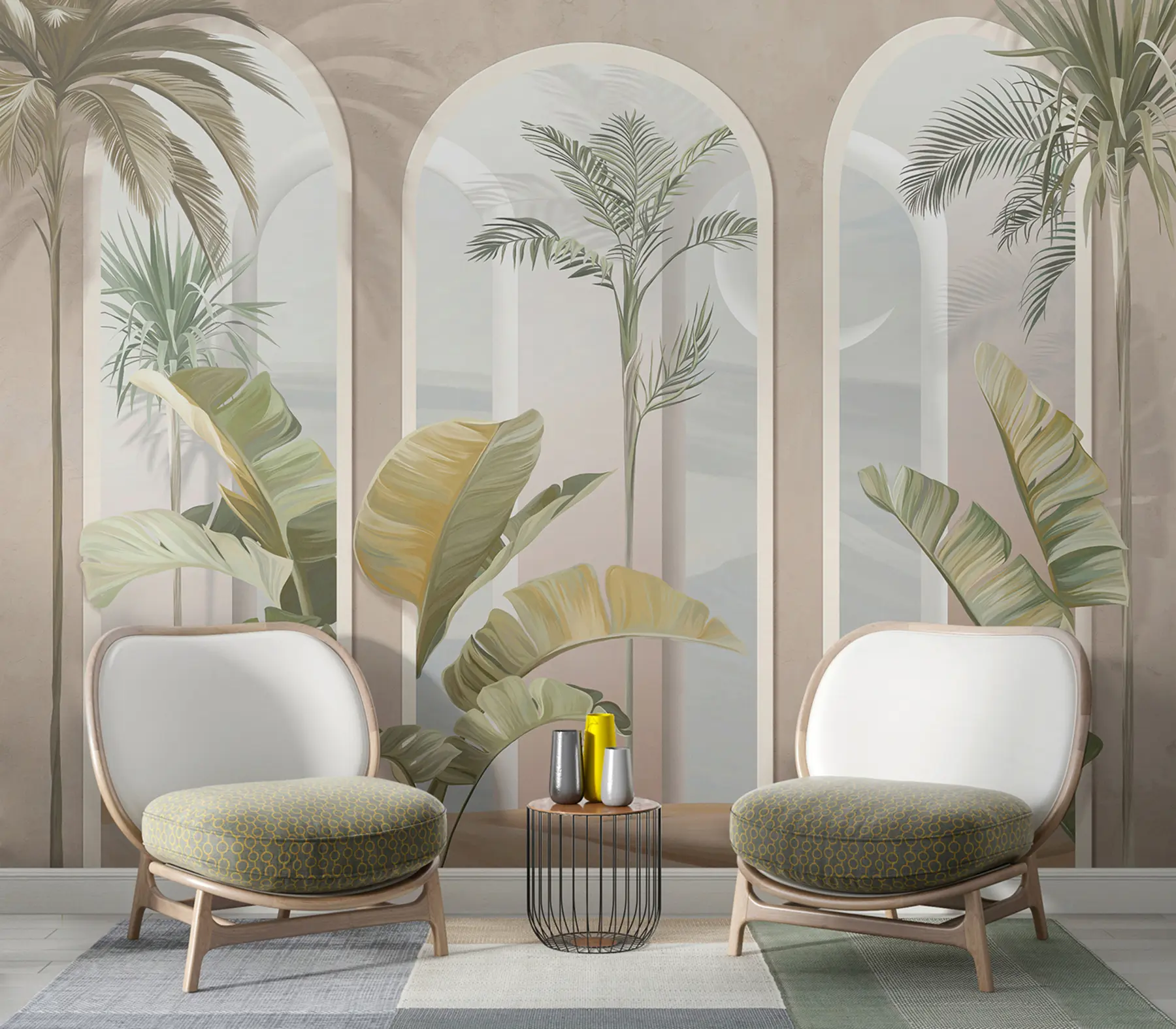 fototapet Tropical 3D frunze cu palme și coloane u96402