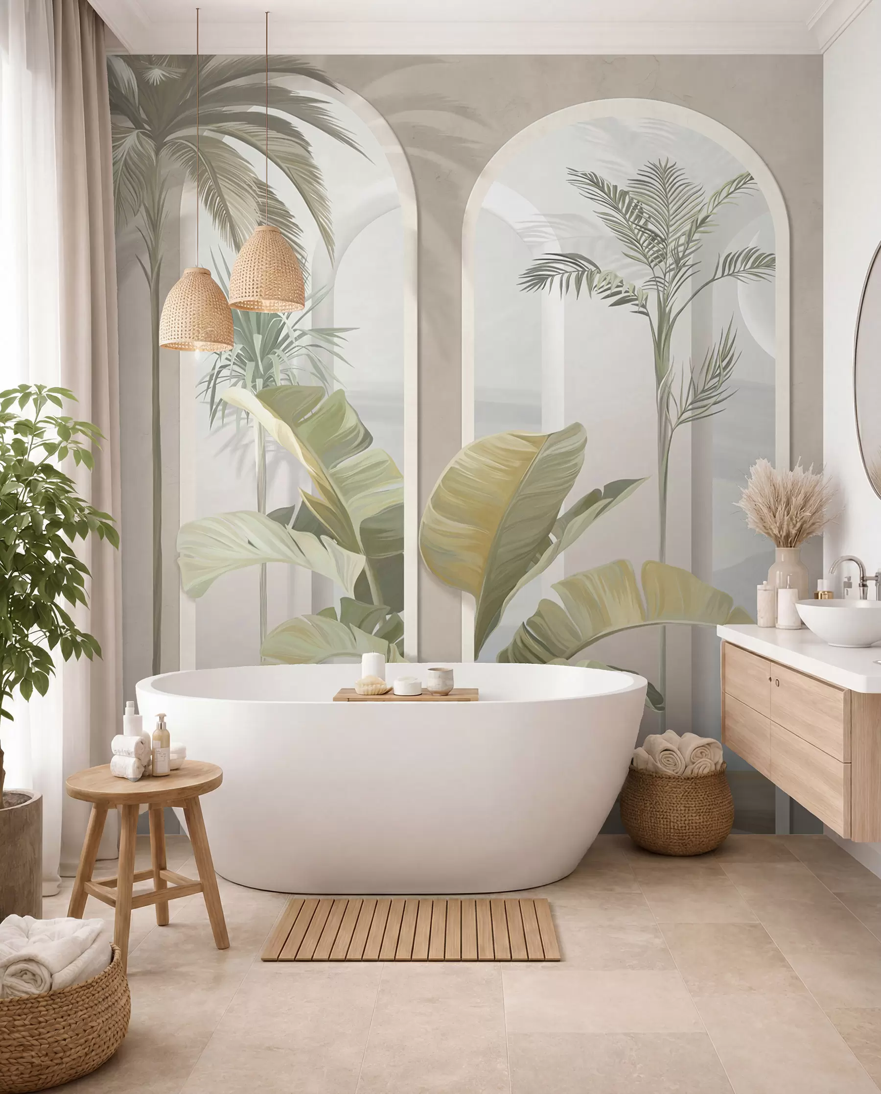 fototapet Tropical 3D frunze cu palme și coloane u96402