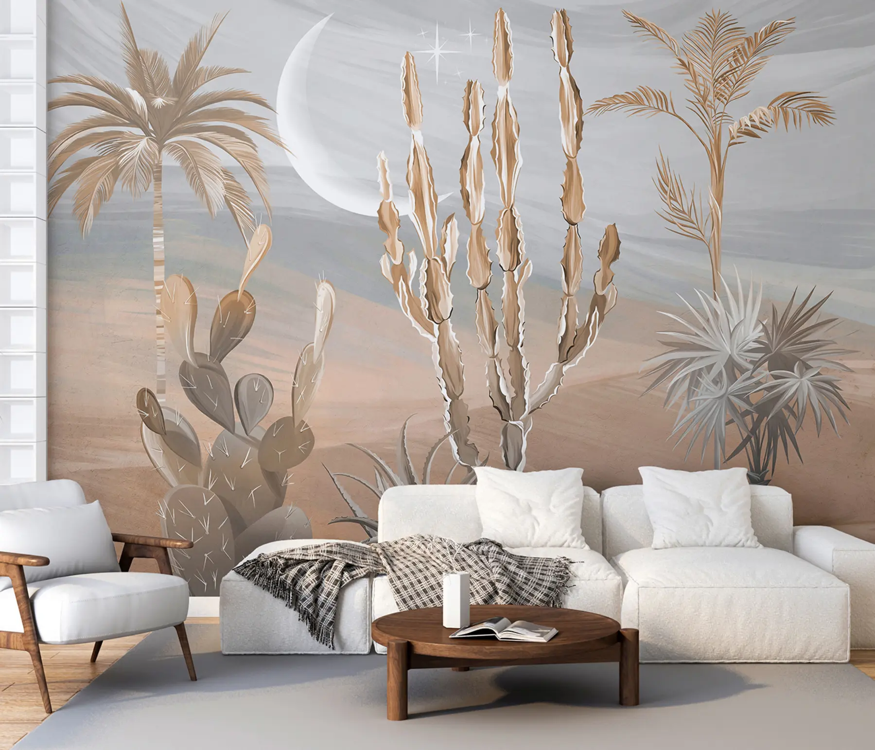 fototapet deșert 3D cu cactuși și frunze tropicale u96444