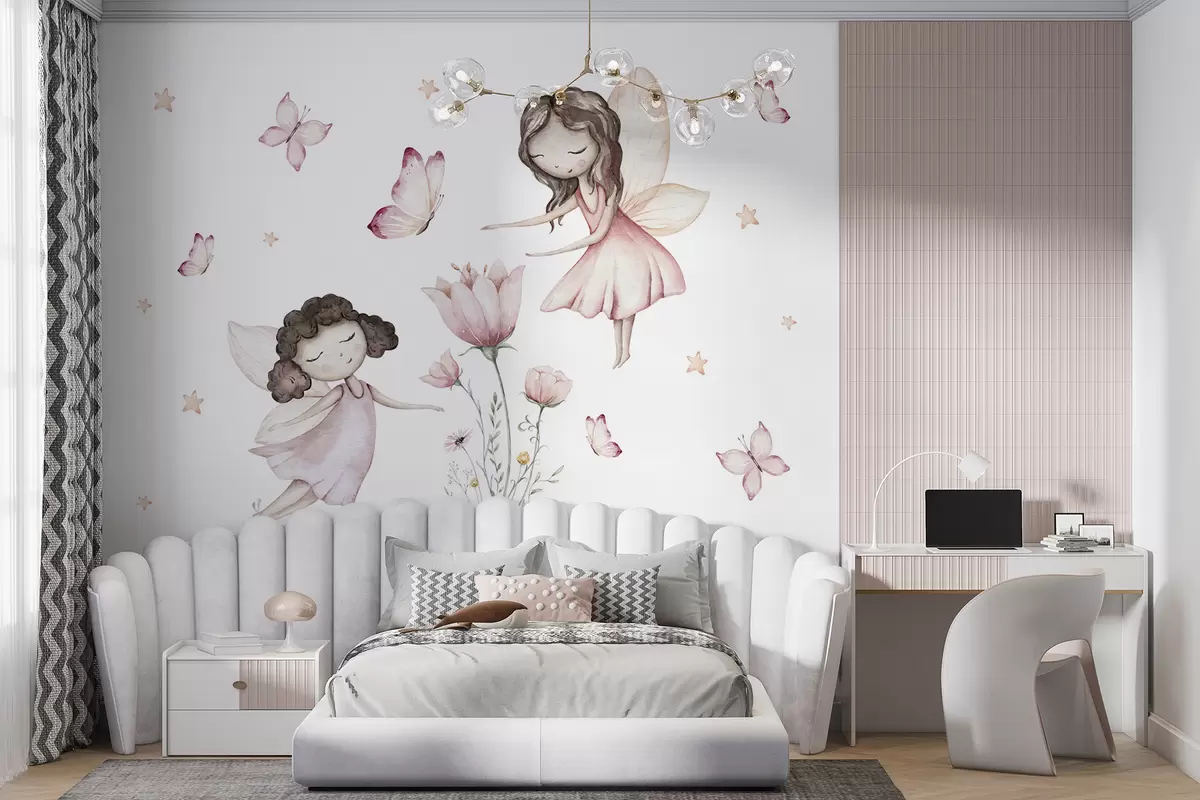 fototapet Zâne acuarelă cu flori și fluturi u96741