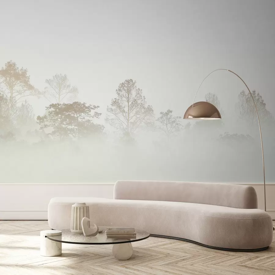 fototapet Silueta unui crâng de copaci în ceața albă de dimineață u97405