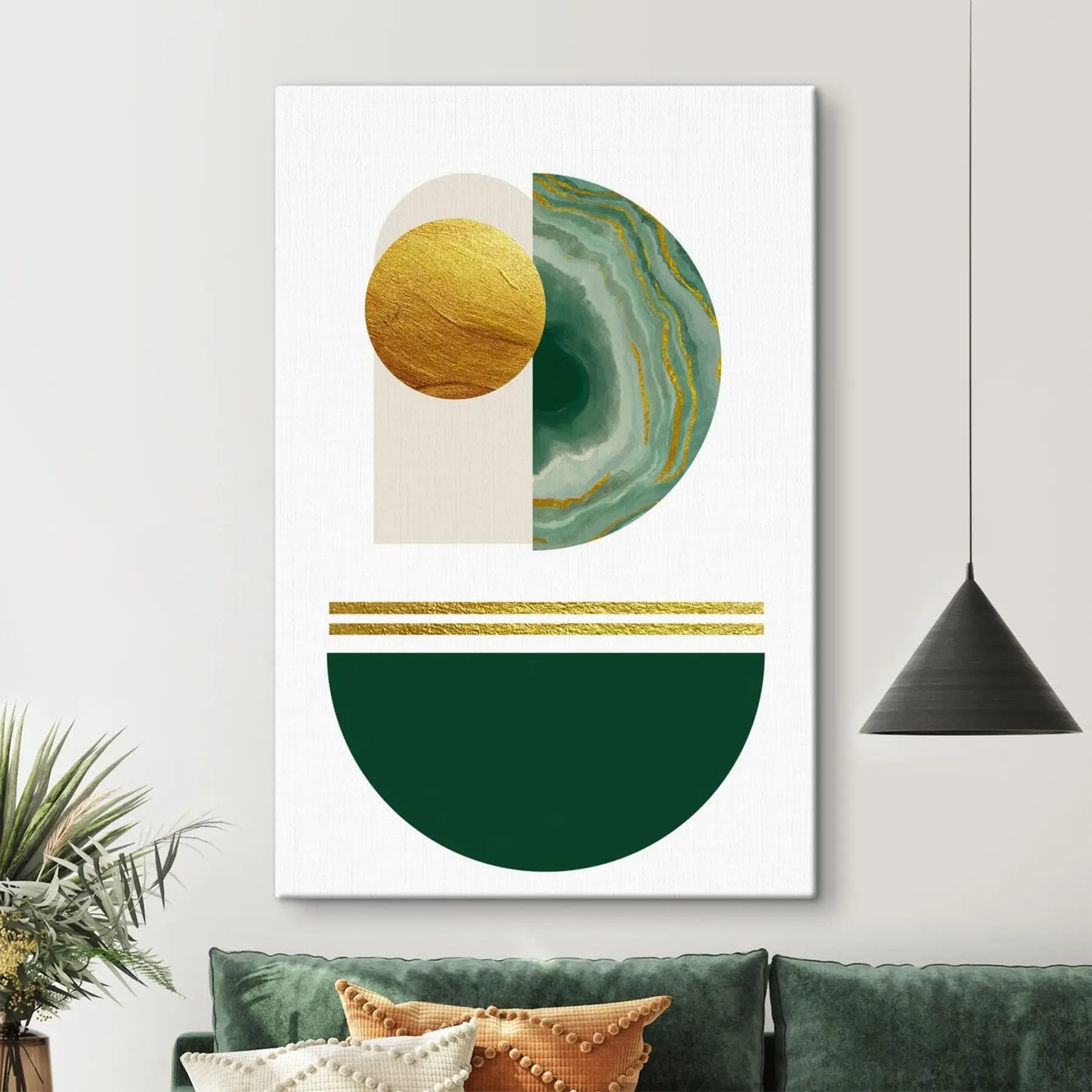 fototapet Semicercuri geometrice de culoare verde și cerc galben s35986
