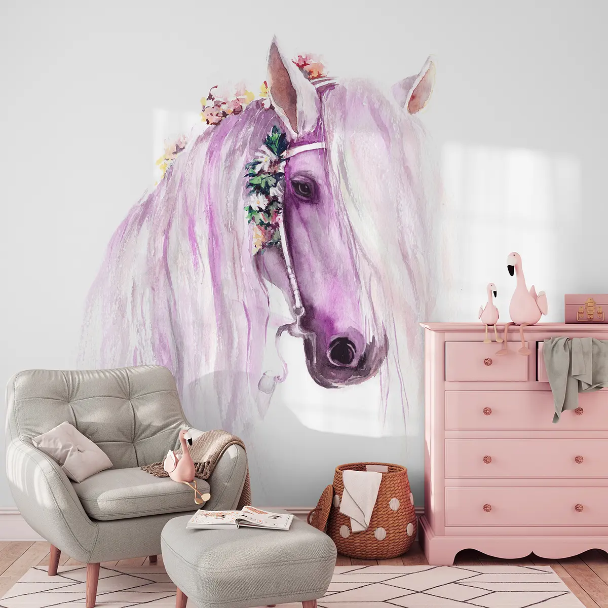 fototapet Cal albastru cu flori într-o coamă în culori violet u93591v1