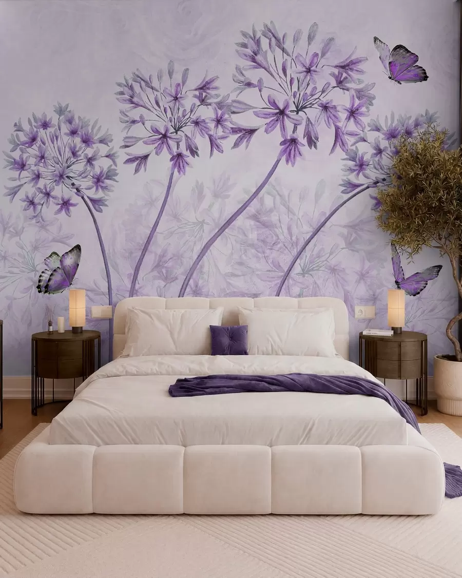 fototapet Plante, flori și albastru în culori roz u35495v3