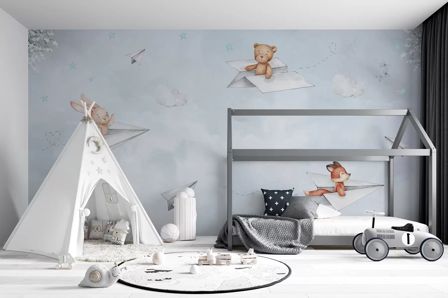 fototapet Acuarelă animale pe avioane printre nori u98519v1