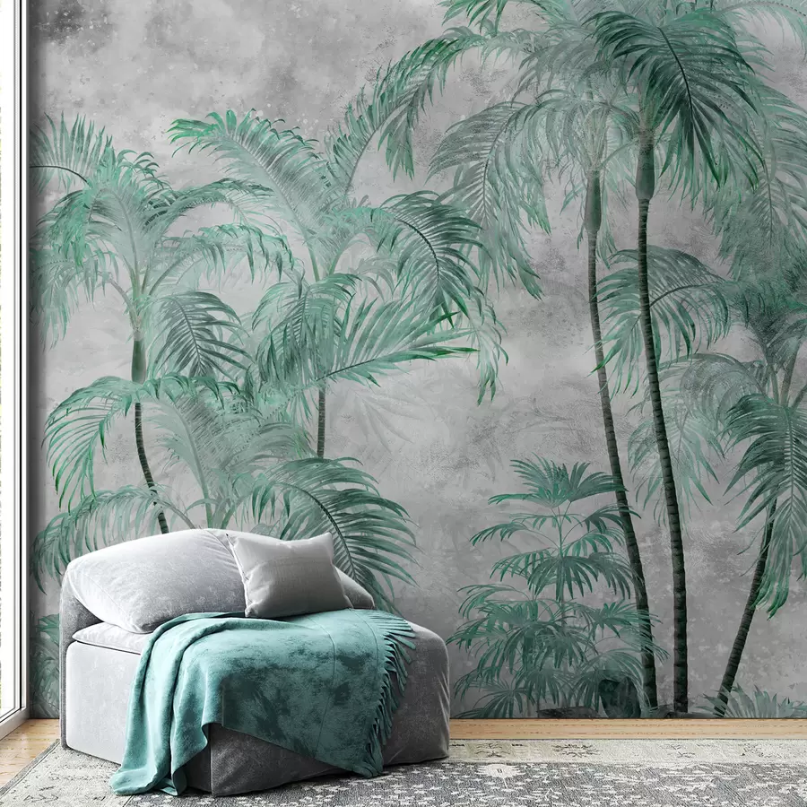 fototapet Palmieri tropicali pe un perete de beton u98586v1