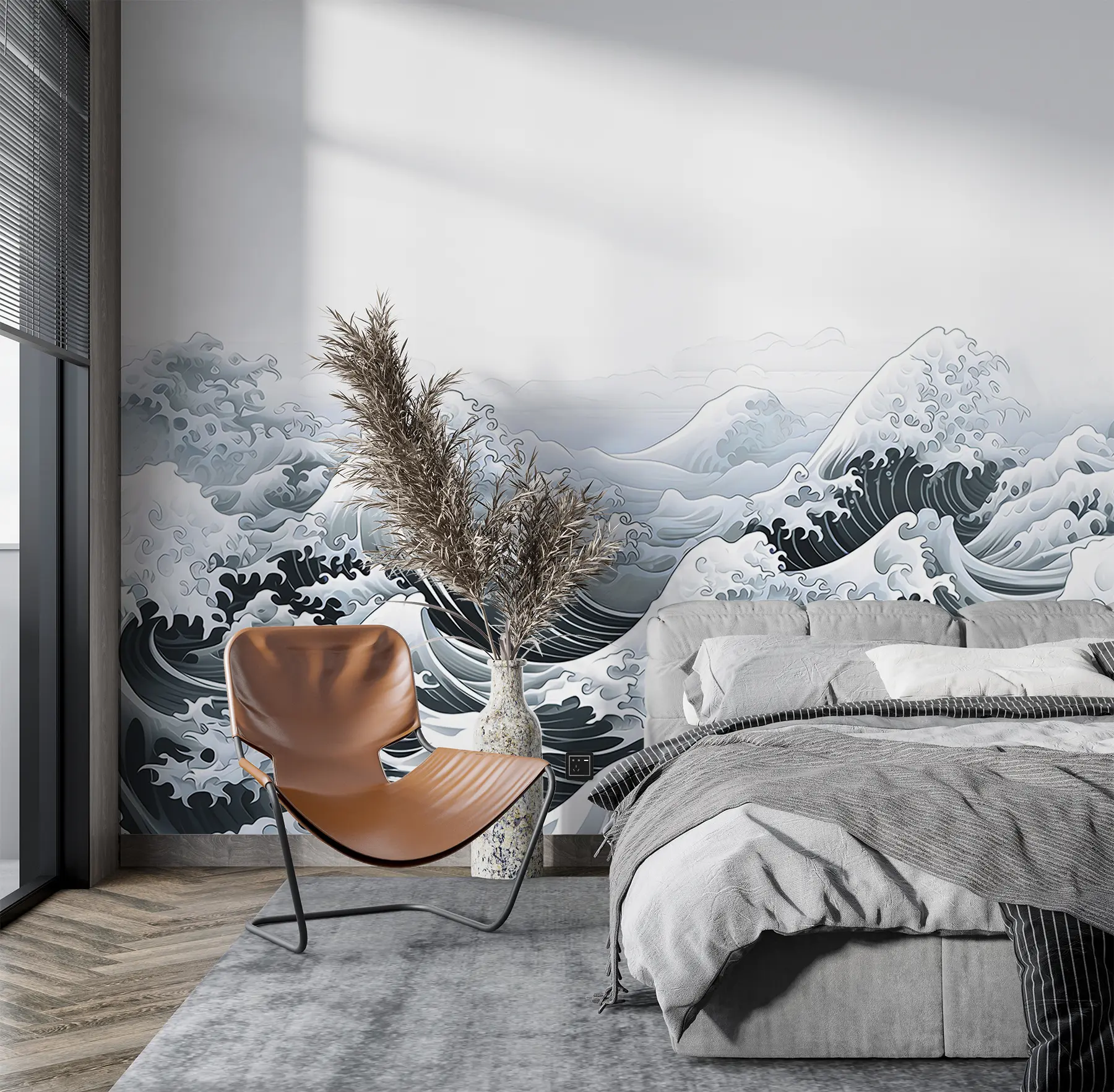 fototapet Valuri de mare în stil japonez, temă oceanică, marin, culori moi u98898