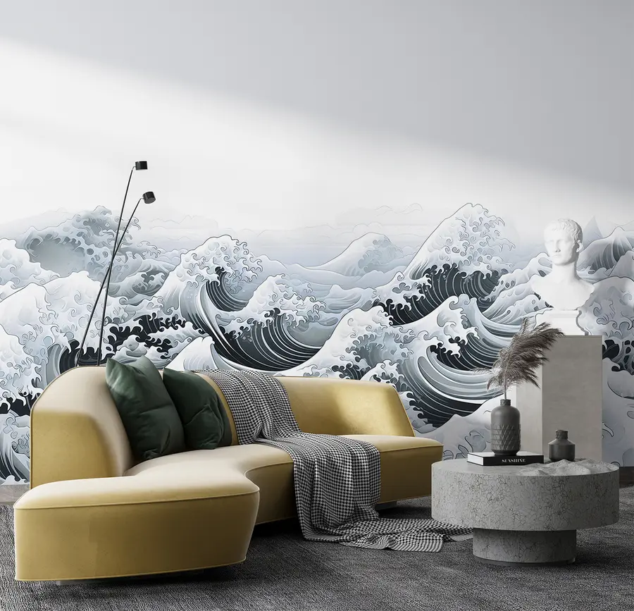 fototapet Valuri de mare în stil japonez, temă oceanică, marin, culori moi u98898