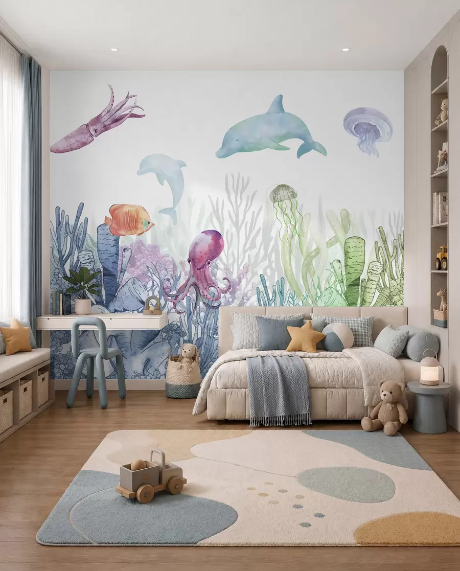 fototapet Viața de mare subacvatică, Animale de mare, Acuarelă, Corali, Delfin, Octopus u98899