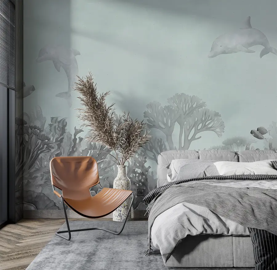 fototapet Viața subacvatică a mării, recif de corali, acuarelă gri și albastru, delfini u98900