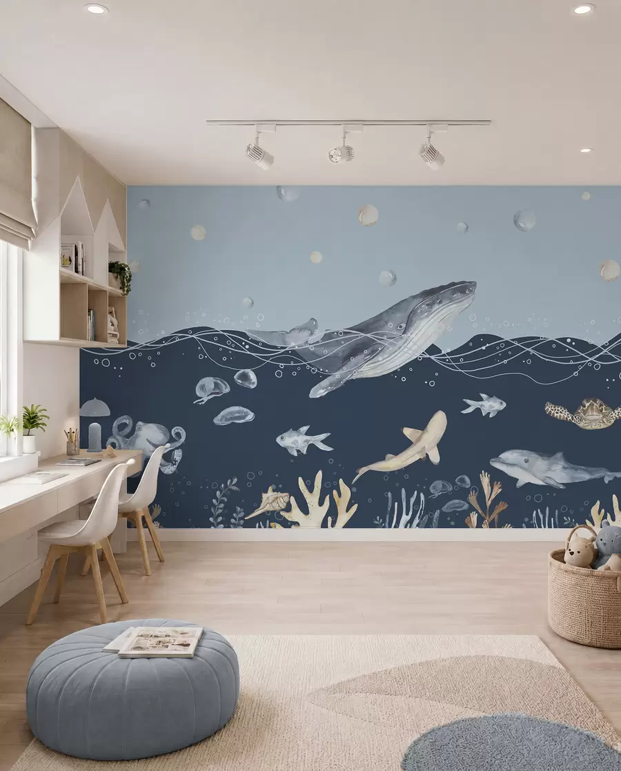 fototapet Viața subacvatică a mării, balenă, delfin, corali, animale marine, temă oceanică, culori pastelate u98902