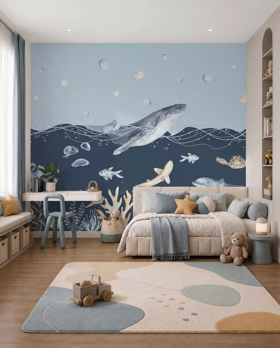 fototapet Viața subacvatică a mării, balenă, delfin, corali, animale marine, temă oceanică, culori pastelate u98902