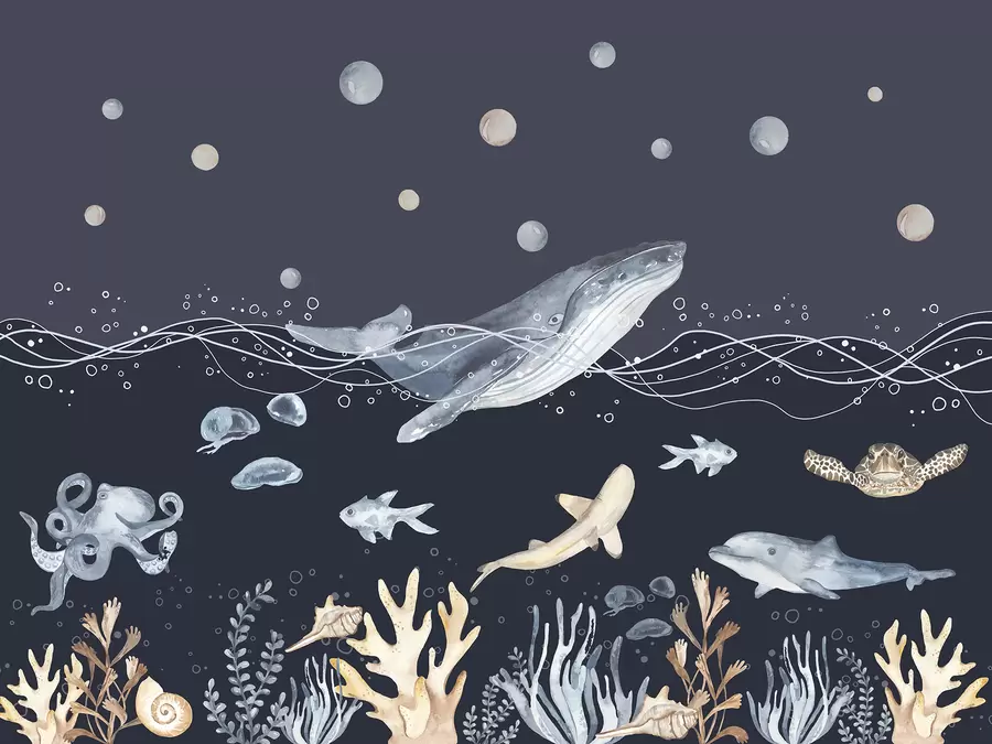fototapet Viața subacvatică a mării, balenă, delfin, corali, animale marine, bej și albastru u98902v1