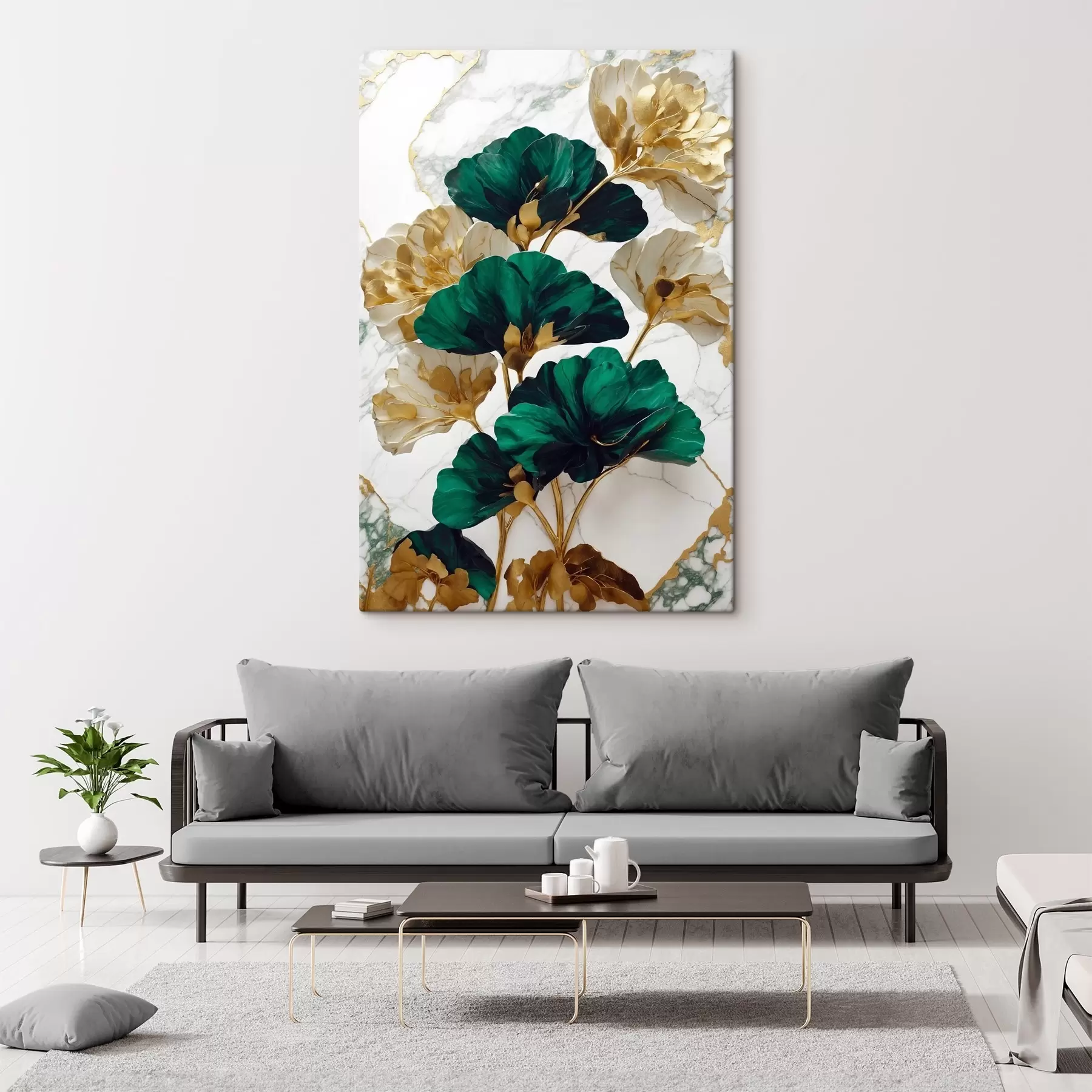 Tablouri Flori verzi și albe pe un fundal de marmură albă s36646