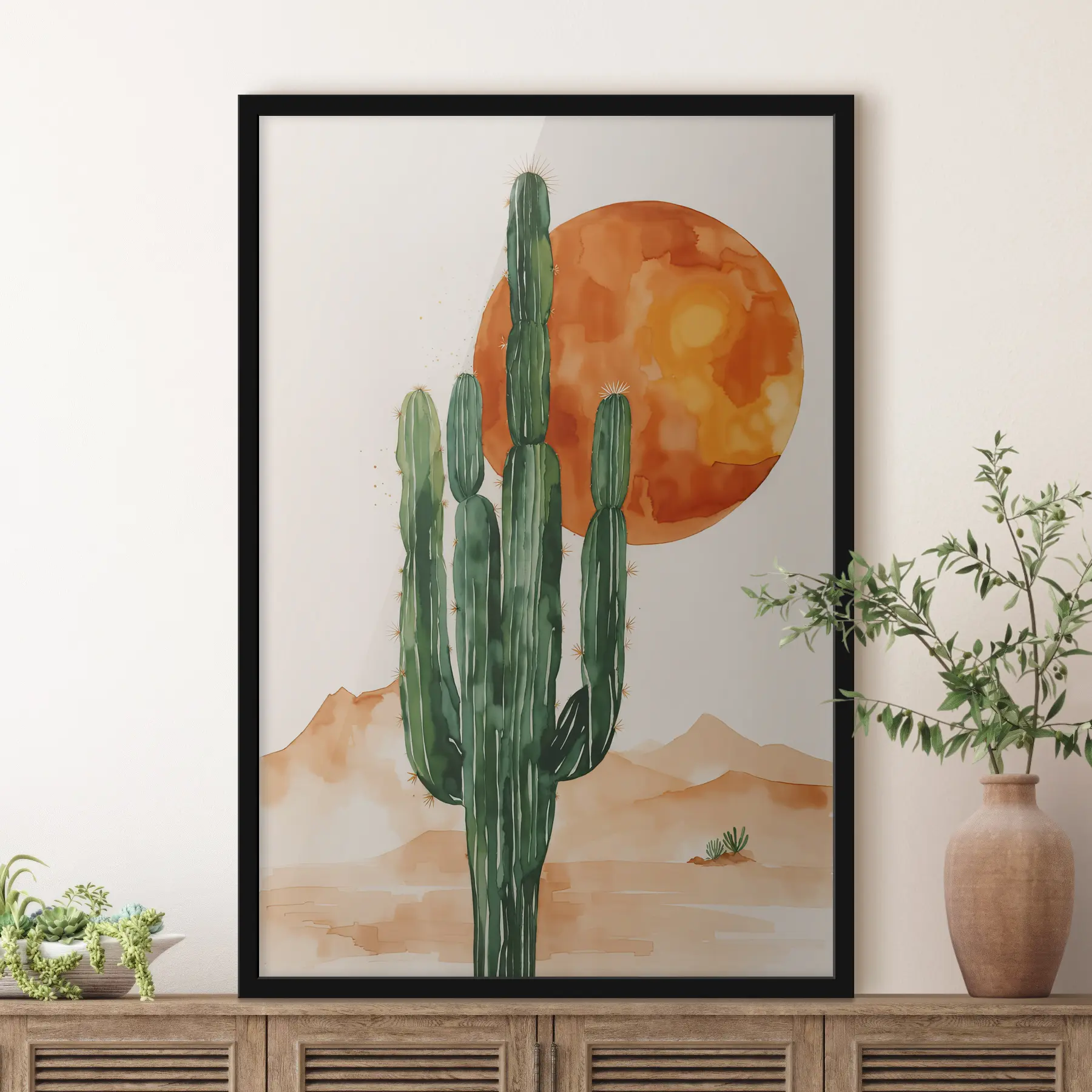 Tablouri Acuarelă cactus în deșert împotriva soarelui f36269