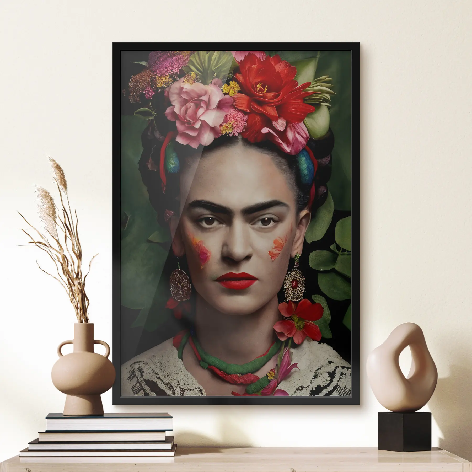 fototapet Frida Kahlo cu flori pe un fundal verde f32861