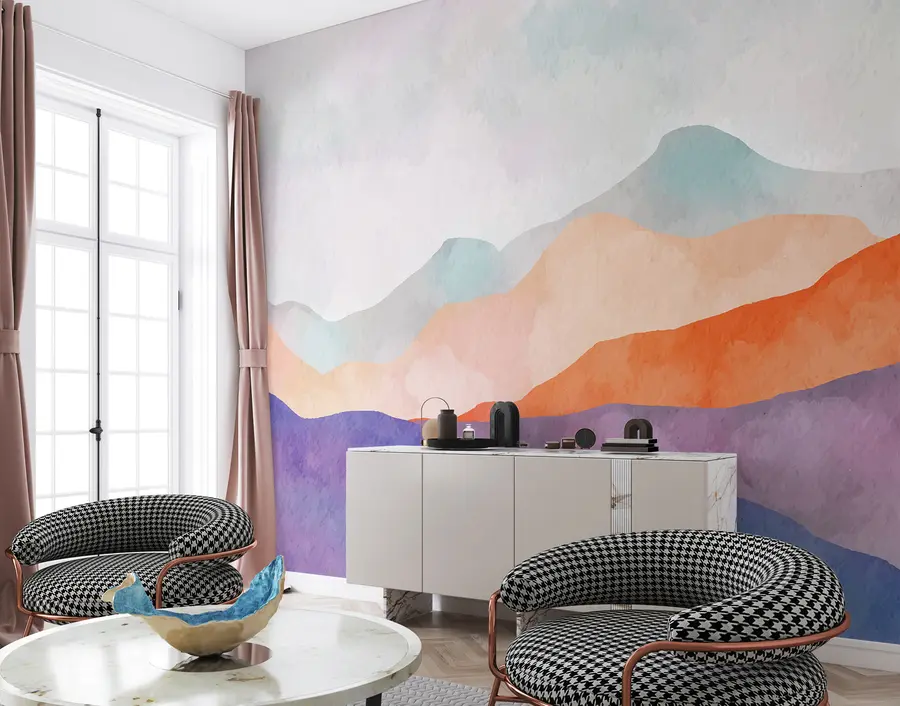 fototapet Munți peisaj, desen abstract, stil boho, portocaliu, puple, albastru u98991