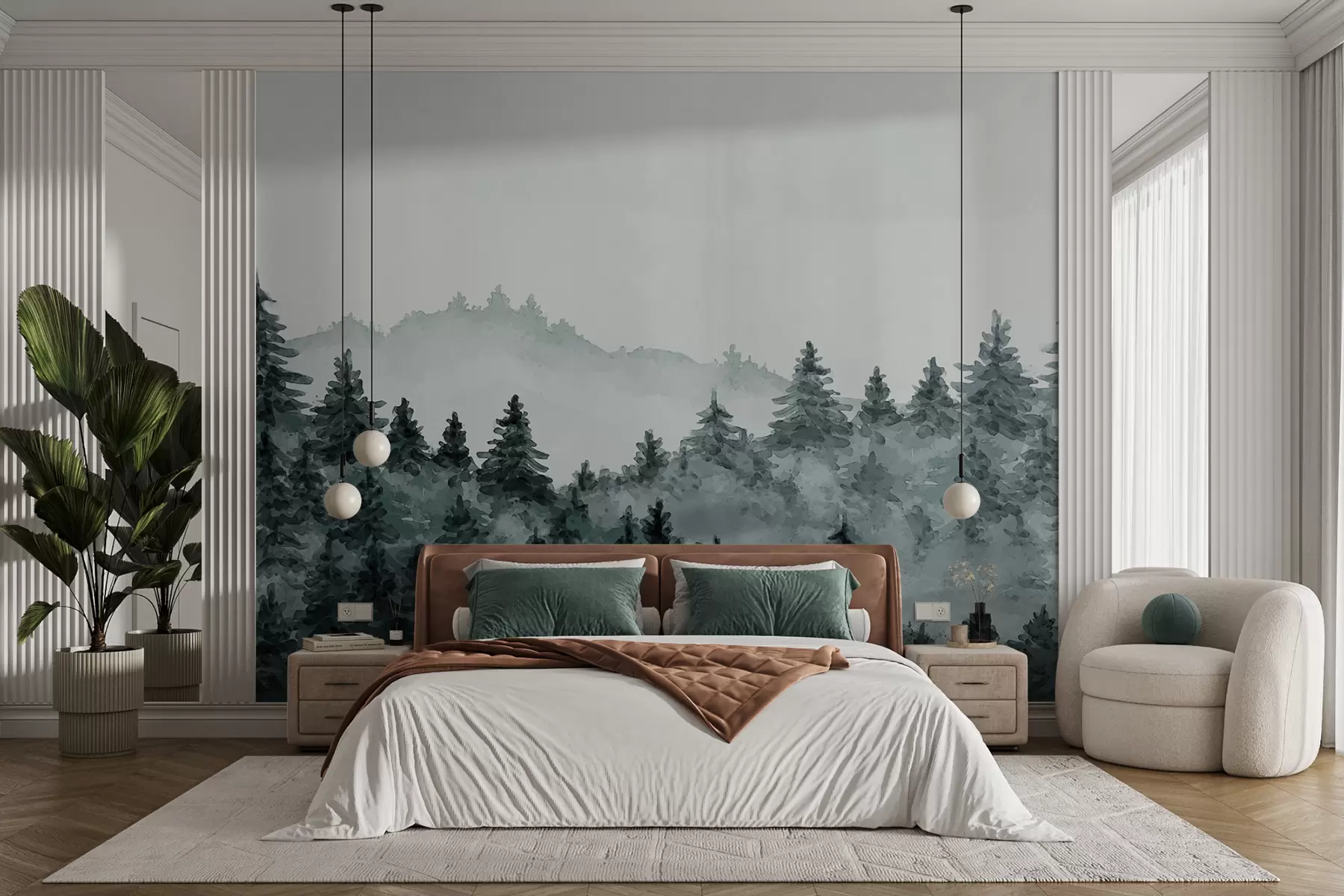 fototapet Peisaj forestier acuarelă, ceață, culoare verde, copaci de pin u98994