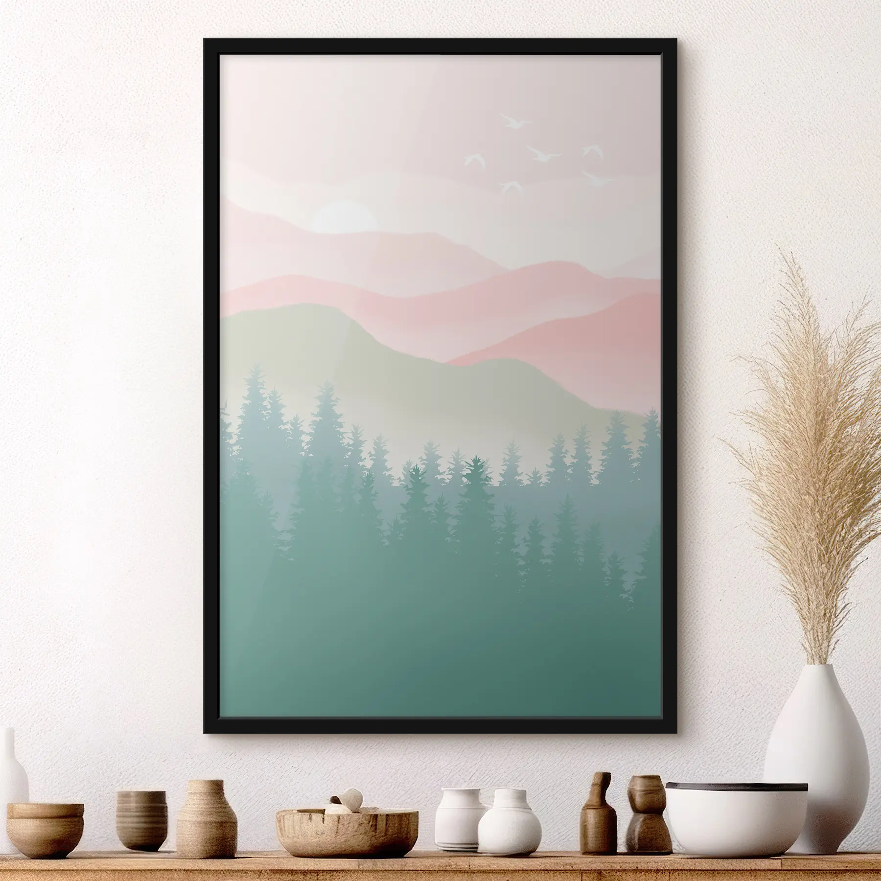 Tablouri Munți cețoși cu pădure de pini, culori naturale moi, roz și verde f36394
