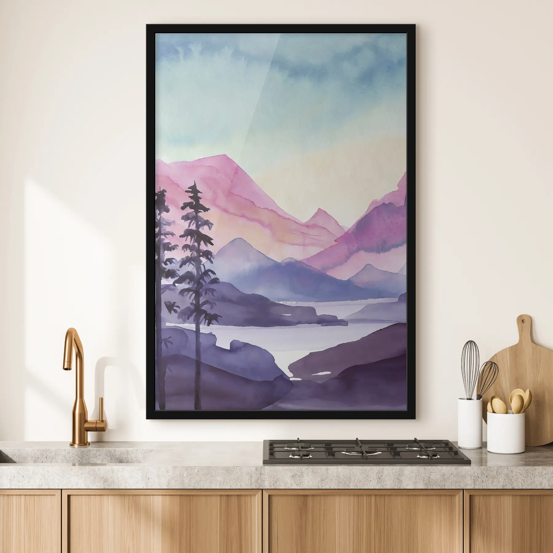 Tablouri Acuarelă Peisaj montan, răsărit de soare, roz violet moale și albastru f36496