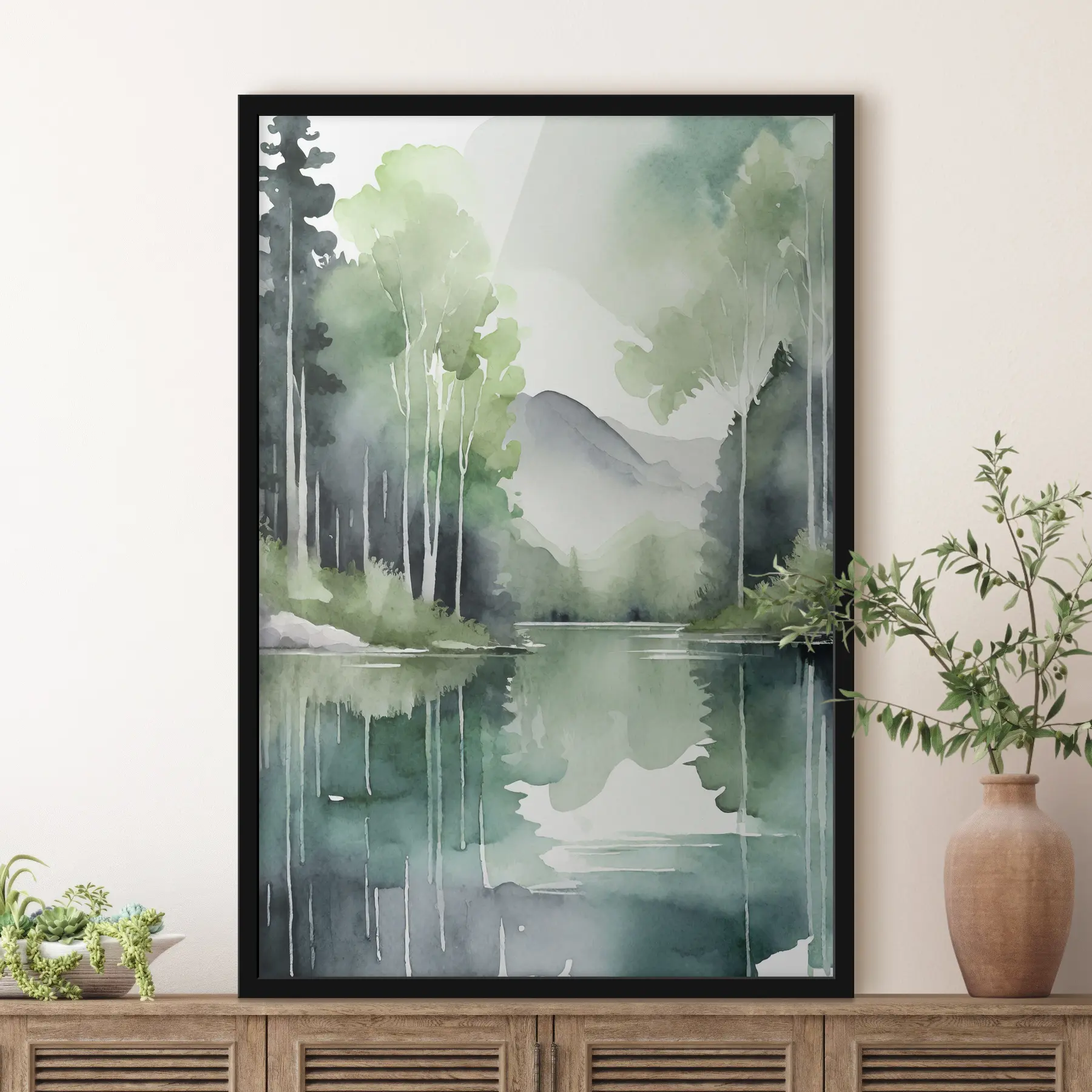 fototapet Acuarelă Lac și pădure peisaj, primăvara, moale culori verzi naturale naturale f36503