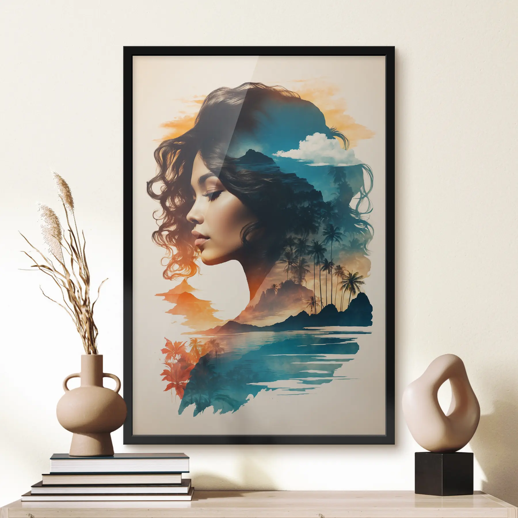 fototapet Un lac și palmieri deasupra unui portret de femeie f37118