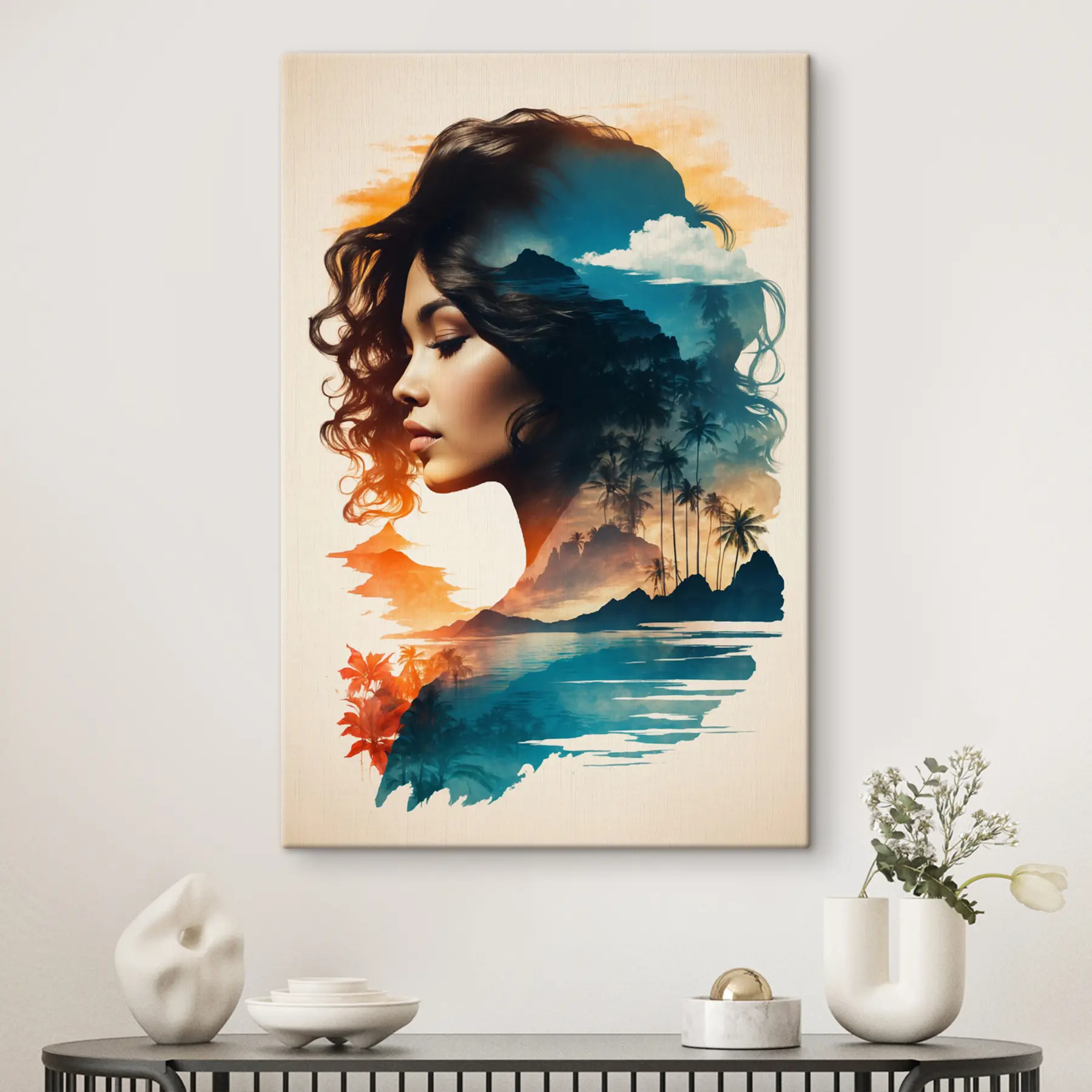 Tablouri Un lac și palmieri deasupra unui portret de femeie s37118