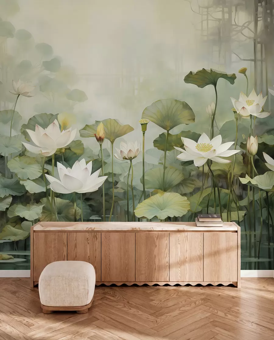 fototapet Flori de lotus în lac, junglă, artă tropicală, verdeață u99454d1